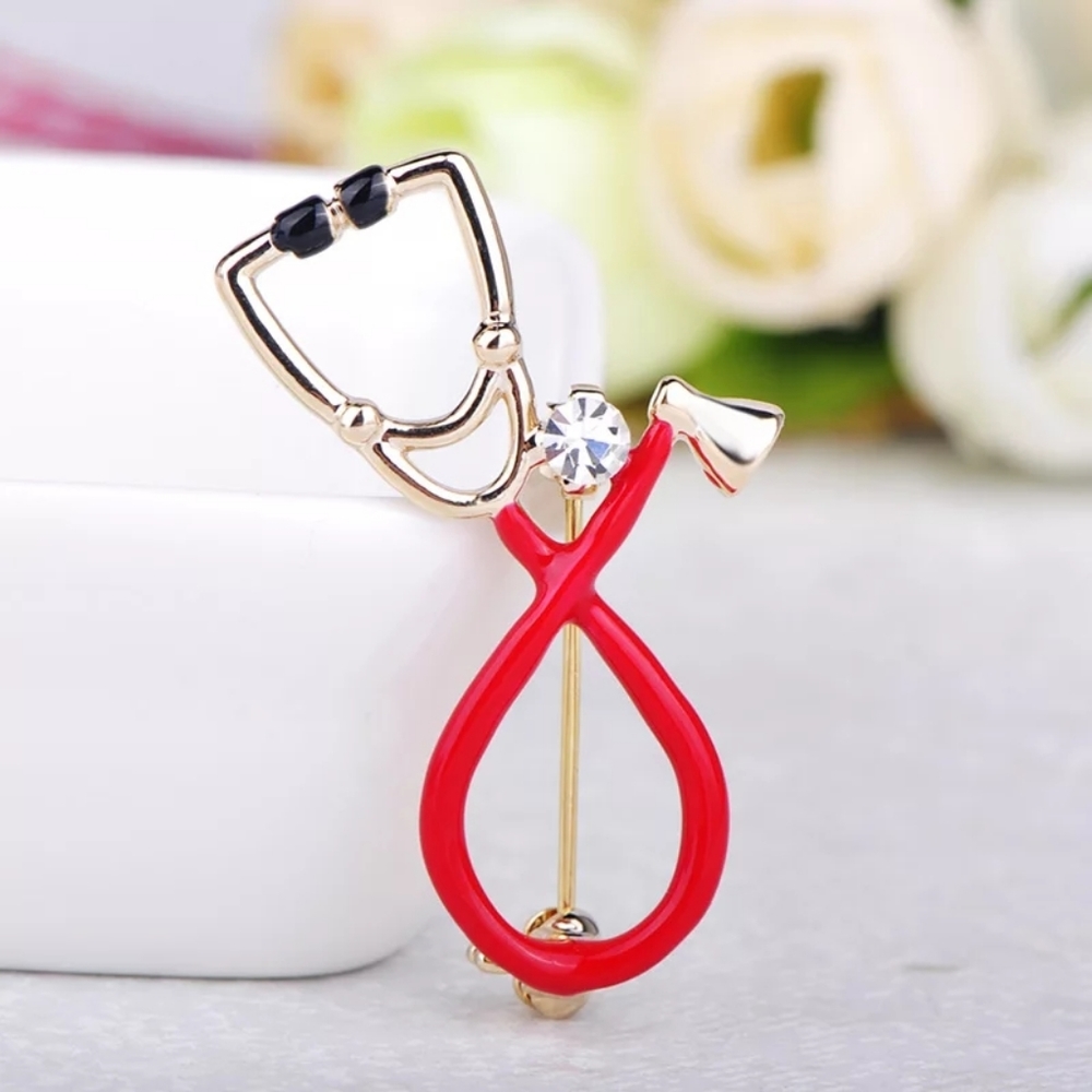 Red Gold Crystal Stethoscope Brooch Pin Doctor